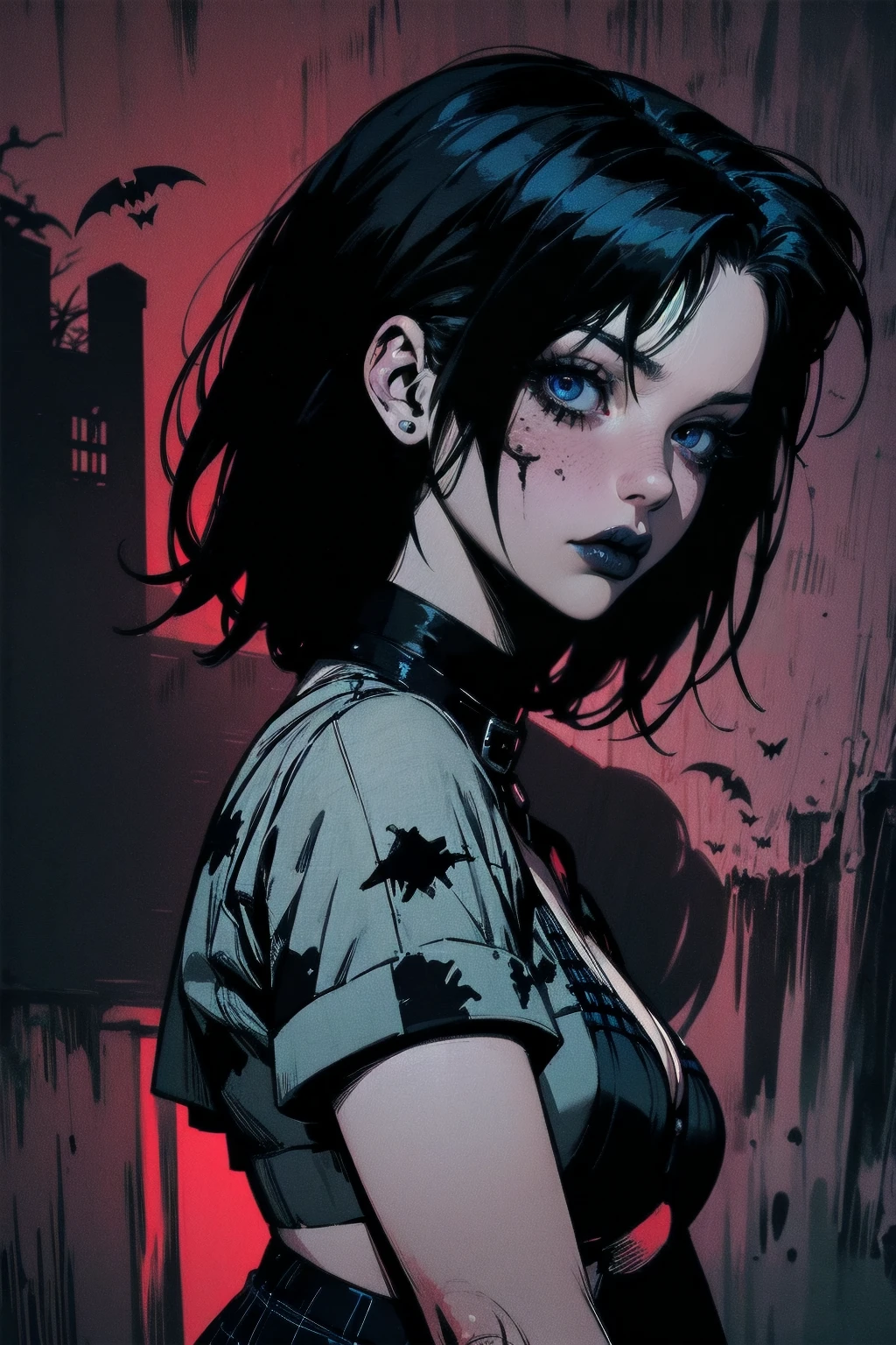 a woman with short black hair, hair on shoulders, wearing a black cropped and plaid skirt, blue eyes, zombie art, gothic art, cute aesthetic with vibe, toon aesthetic, wearing red costume, wearing gothic accessories, look like Cassie Hack, upper body, backwards, looking back, halloween background