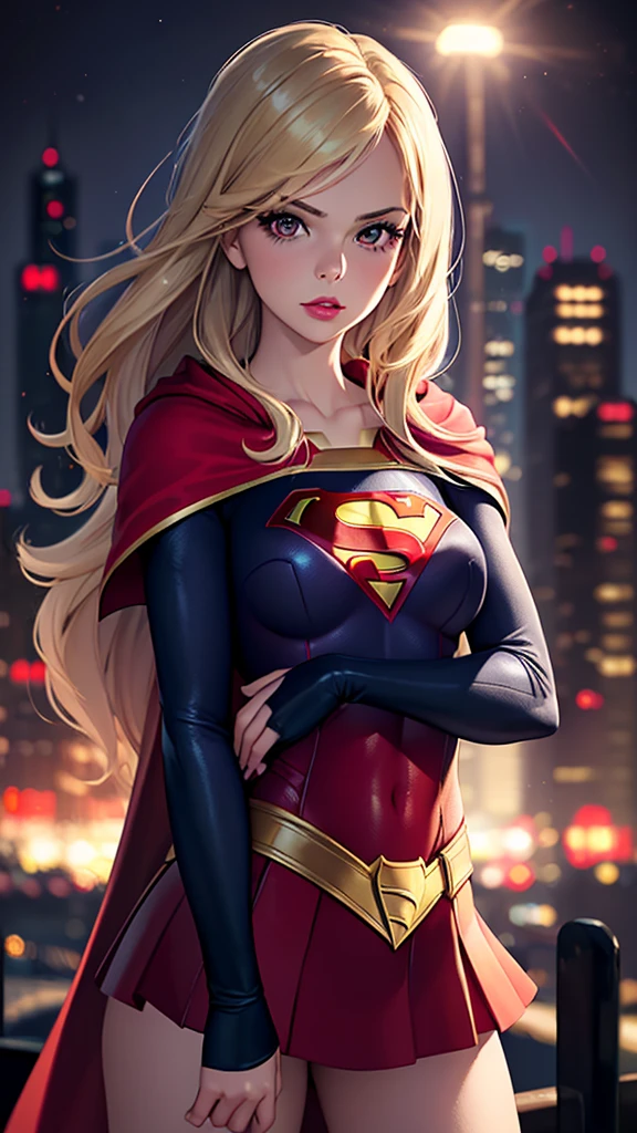 realistic, best quality, (masterpiece:1.2), absurdres, (1girl, solo), fashion photography of superhero, lips, small breasts, beautiful, makeup, mascara, lip gloss, blonde hair, a beautiful woman wearing Supergirl Costume, red cape, full body portrait, soft design, natural lights, looking at viewer, (Dark midnight Gotham City background:1.3)