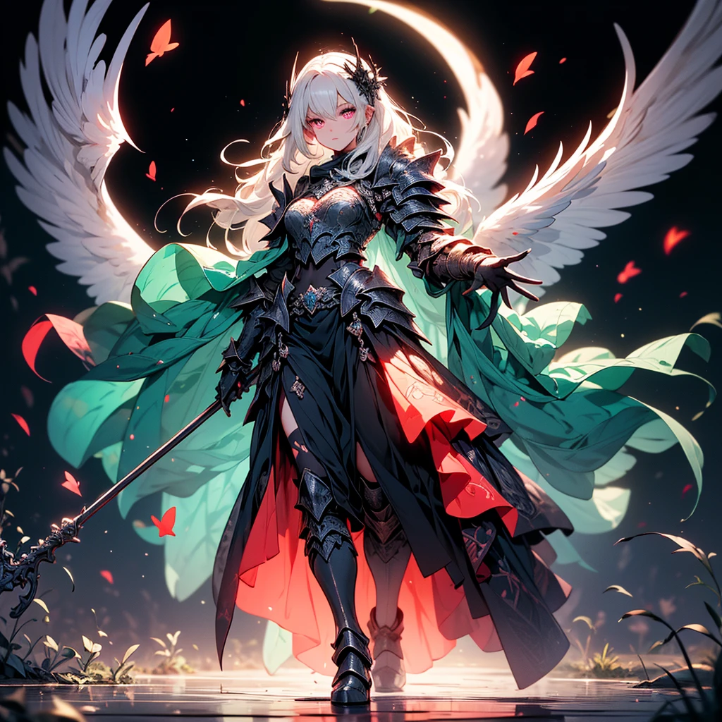 ((full body shot)) of a girl in detailed black gothic battle armor, standing in a completely dark environment. She has long white hair and glowing red eyes, with black angel wings, tattoos, and piercings. Her battle armor is intricately designed, revealing her bellybutton. She is holding a glowing orb of energy in her hands, which emits a soft, ethereal light. Surrounding her are numerous small lights in shades of {blue|purple}, casting a faint glow similar to candlelight. The only illumination comes from the orb and the particles around her. The atmosphere is {mysterious|otherworldly}, with a misty haze drifting around her feet. The ground beneath her is reflective, creating a mirrored effect that adds to the surreal ambiance. Subtle textures of ancient, worn stones and creeping vines can be seen in the background, hinting at a hidden, gothic castle. The scene is quiet and enigmatic, with her face partially obscured by the hood, her eyes focused intently on the luminous orb. She holds an intricately designed staff made of wood with metallic parts and embedded jewels.

[Best quality], [Masterpiece], [Ultra-detailed], [4k], {serene|intense} atmosphere, gothic castle, {dynamic pose|relaxed pose}, complete darkness, {soft shadows|dramatic lighting}, {reflected light on the ground:0.7}, {misty haze:0.6}, {glowing plants:0.5}, {creeping vines:0.4}, {ancient stones:0.3}.
