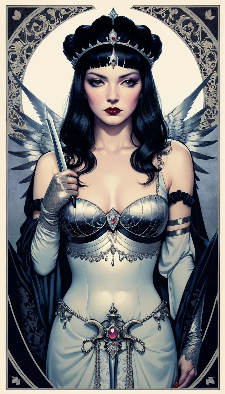 carte de tarot, technique du clair-obscur sur l&#39;illustration sensuelle d&#39;une reine d&#39;épée, regard perçant, reine vintage, sinistre, Peinture mate, par Hannah Dale, par Harumi Hironaka, couleurs extrêmement douces, un soupçon d&#39;argent, très détaillé, oeuvre numérique, Contraste élevé, Spectaculaire, raffiné, tonal, la plus haute qualité，anatomie correcte，ultra grand angle，profondeur de champs, représentant sa capacité à s’adapter dans des situations difficiles, un petit aigle, Focus sur une palette de couleurs