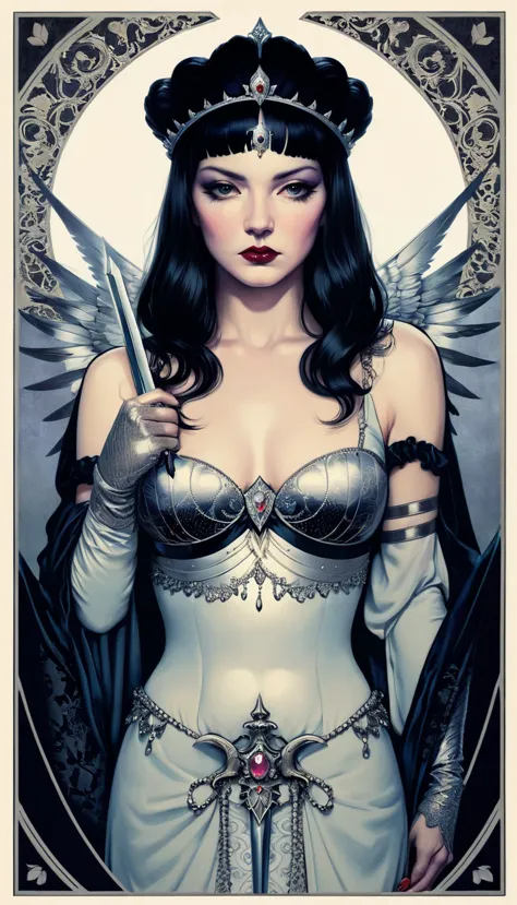 tarot card, chiaroscuro technique on sensual illustration of an queen of sword, piercing gaze, vintage queen, eerie, matte paint...