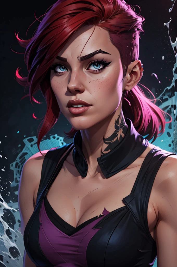 a woman with punk red hair (very short on the sides) and a black shirt is standing in front of ablack background with blue brush splash, lois van baarle and rossdraws, portrait of vi from arcane, artgerm and lois van baarle, rossdraws 2. 0, rossdraws 1. 0, rossdraws 2. 5, artgerm and rossdraws, artgerm comic, black background with blue brush splash, 8K image quality, Masterpiece