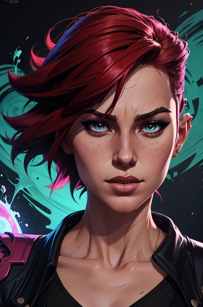 a woman with punk red hair (very short on the sides) and a black shirt is standing in front of ablack background with blue brush splash, lois van baarle and rossdraws, portrait of vi from arcane, artgerm and lois van baarle, rossdraws 2. 0, rossdraws 1. 0, rossdraws 2. 5, artgerm and rossdraws, artgerm comic, black background with blue brush splash, 8K image quality, Masterpiece