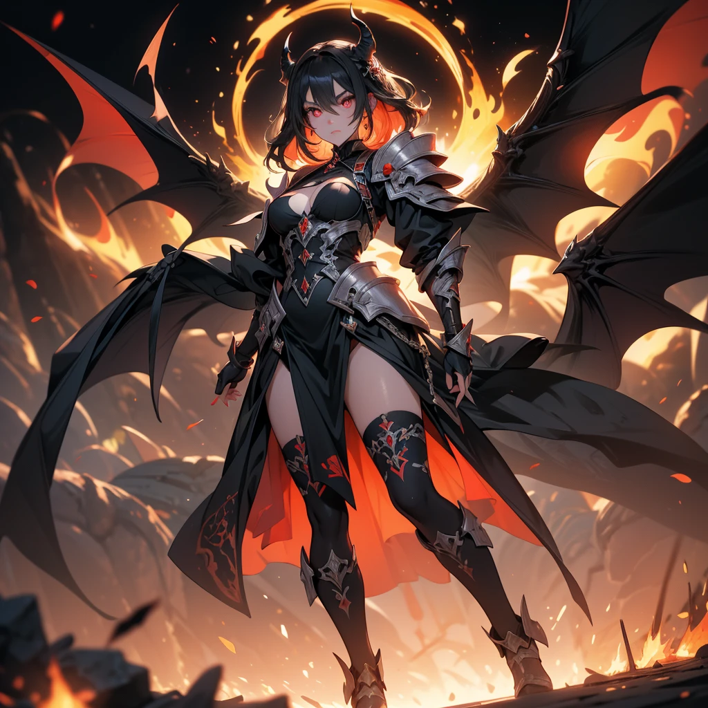 ((full body shot)) of a girl in revealing, dark red leather armor with demonic runes etched into the fabric, standing in a fiery, hellish landscape. She has long, flowing black hair and glowing red eyes, with sharp, bat-like wings and a devilish tail. Her skin is marked with arcane tattoos that glow faintly in the dim light. She holds a sinister, jagged blade that pulsates with dark energy. The atmosphere is {intense|sinister}, with flames and embers flickering around her. The ground beneath her is cracked and molten, reflecting the fiery glow and creating an infernal ambiance. Surrounding her are swirling, shadowy figures in shades of {red|black}, casting an eerie, hellish light. The background features towering, jagged rock formations and twisted, infernal architecture, hinting at a demonic stronghold. The scene is menacing and powerful, with her face showing a seductive yet dangerous expression, her eyes locked onto her next victim.

[Best quality], [Masterpiece], [Ultra-detailed], [4k], {intense|sinister} atmosphere, hellish landscape, {dynamic pose|seductive pose}, fiery illumination, {soft shadows|dramatic lighting}, {reflected light on molten ground:0.7}, {flickering flames:0.6}, {shadowy figures:0.5}, {infernal architecture:0.4}, {jagged rock formations:0.3}.