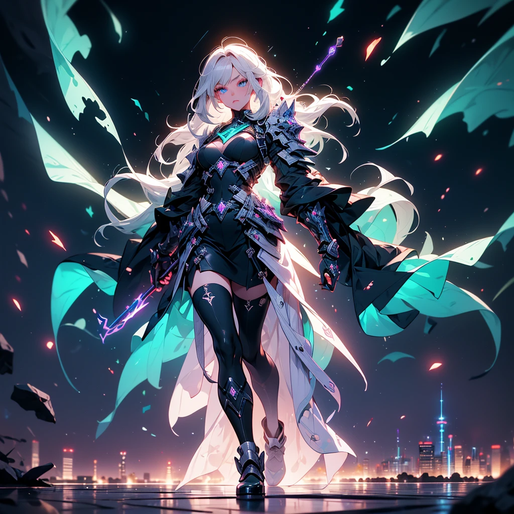 ((full body shot)) of a girl in a sleek, futuristic robe with metallic accents, standing in a stormy, high-tech cityscape. She has short, spiky silver hair and glowing blue eyes, with electricity crackling around her. She holds an advanced staff made of metal and crystal, with arcs of lightning dancing along its surface. The atmosphere is {dynamic|electrifying}, with dark clouds and flashes of lightning illuminating the scene. The ground beneath her is metallic and reflective, covered in a thin layer of water that enhances the electric ambiance. Surrounding her are floating holograms and neon lights in shades of {blue|purple}, casting a vibrant, technological glow. The background features towering skyscrapers with bright, flickering signs and massive screens, hinting at a cyberpunk metropolis. The scene is energetic and futuristic, with her face showing a focused and determined expression, her eyes locked onto her next spell.

[Best quality], [Masterpiece], [Ultra-detailed], [4k], {dynamic|electrifying} atmosphere, high-tech cityscape, {dynamic pose|powerful pose}, stormy illumination, {soft shadows|neon lighting}, {reflected light on wet ground:0.7}, {flashes of lightning:0.6}, {floating holograms:0.5}, {neon lights:0.4}, {futuristic skyscrapers:0.3}.