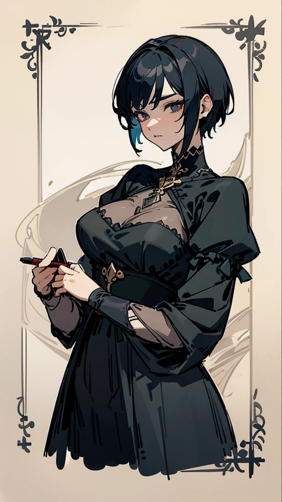 Dame Médiéval Fantastique Personnage Dessin Élégance Cheveux Courts Marié Robe Noire Noir Foncé Grands Yeux Mature