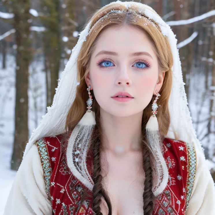 Beautiful girl, blue eyes, long curly white hair, detailed facial traits, national turkic female dress, naked breasts, yurta behind, it's snowing, huge beautiful earrings