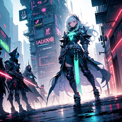 ((full body shot)) of a girl in sleek, futuristic black armor with glowing blue accents, standing in a neon-lit, dystopian citys...