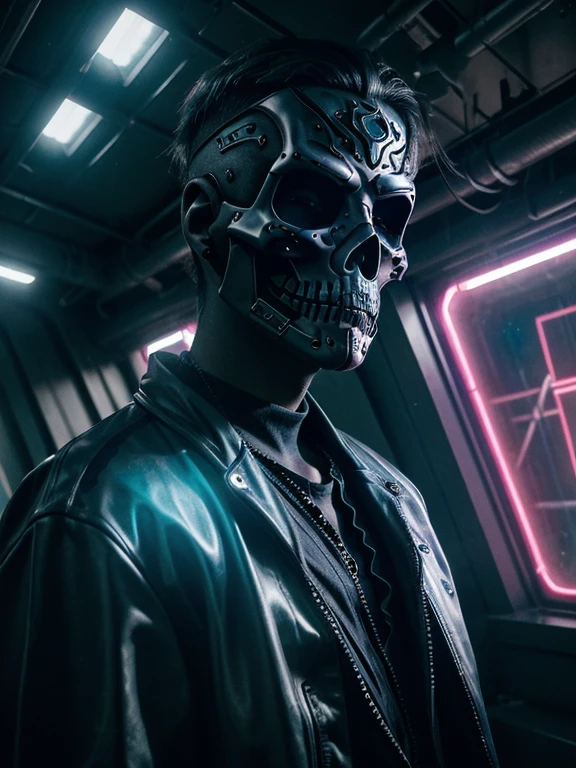 a teenage fashion model wearing an exo-skeleton mask, vibrant colors, futuristic cyberpunk style, intricate details, cinematic lighting, dramatic pose, sharp focus, hyper realistic, 8k, masterpiece