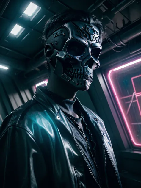 a teenage fashion model wearing an exo-skeleton mask, vibrant colors, futuristic cyberpunk style, intricate details, cinematic l...