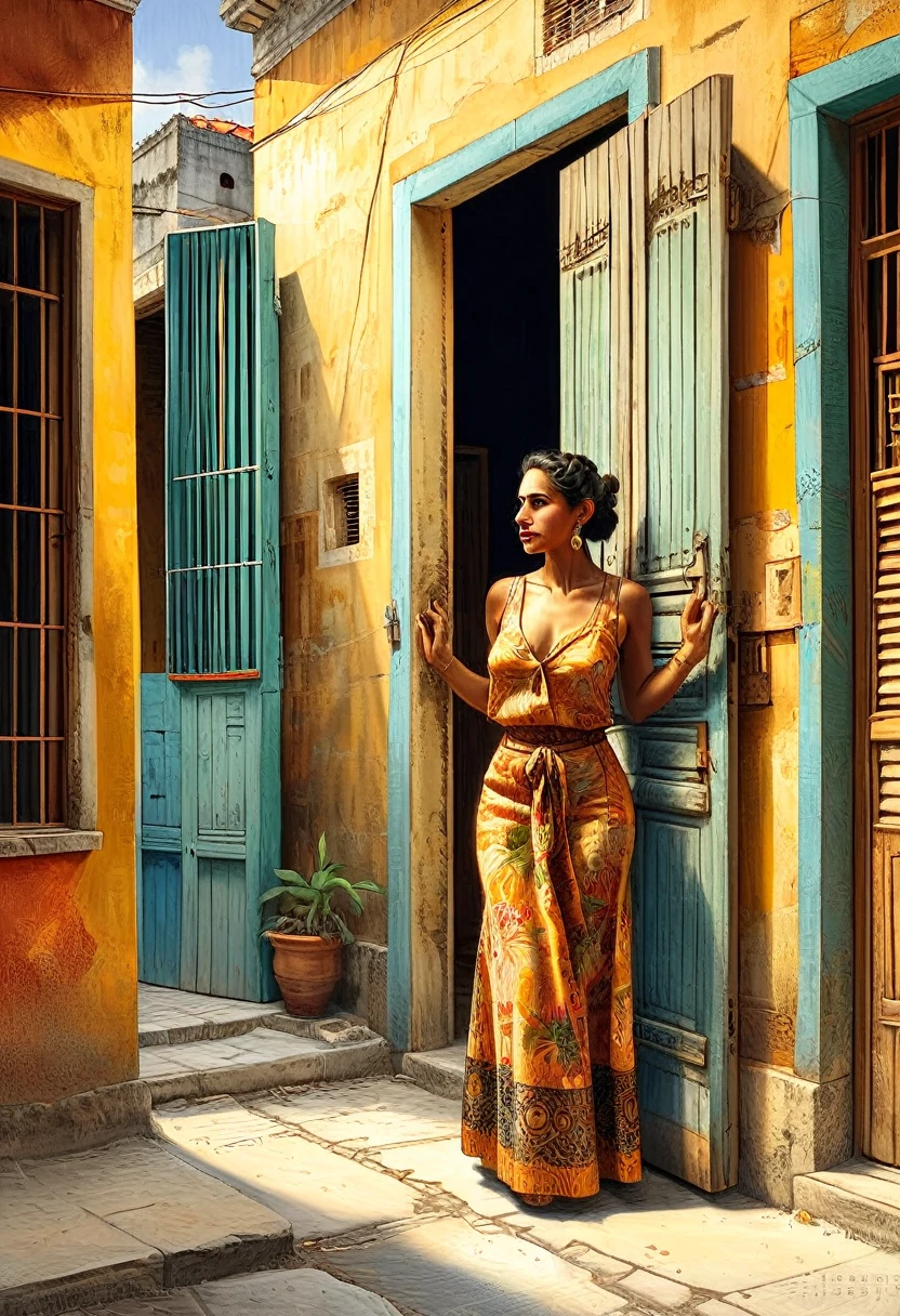 ((Cuba Art Havana Art Cuban Art Canvas Havana Print Havana:1.4)), woman holding the door with her back, rustic house two-colored door, cuban house, medium oil painting, ultra detailed, extremely detailed face and eyes, photorealistic, 8k, high quality, dramatic lighting, warm color tones, golden hour lighting, intricate details, cinematic composition, dramatic shadows, atmospheric, masterpiece, portrait