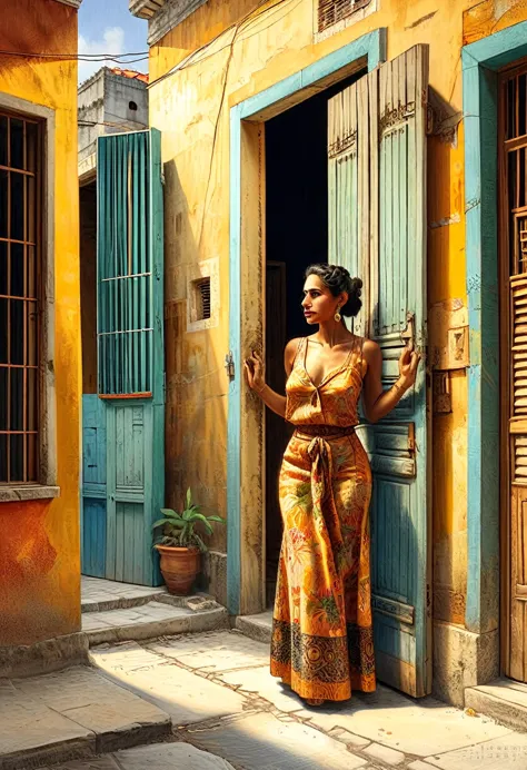 ((Cuba Art Havana Art Cuban Art Canvas Havana Print Havana:1.4)), woman holding the door with her back, rustic house two-colored...