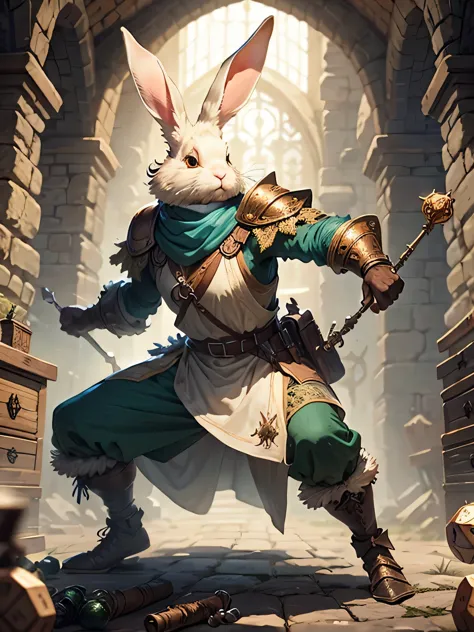 a rabbit man in medieval clothes, from the world of d&d, heregon, he is in an action possession