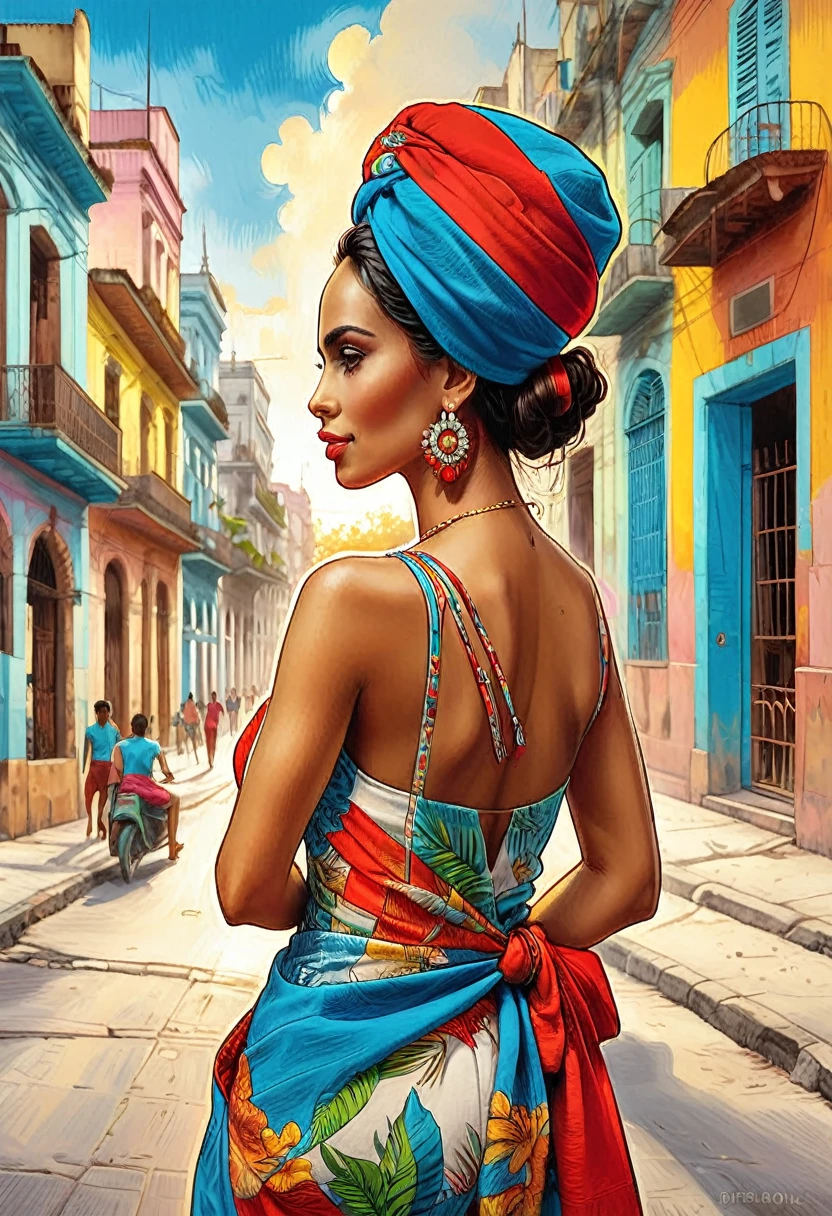 (Tyndall Effect Art of Cuba Art of Havana Cuban art canvas Print of Havana Havana:1.5), by Piotr Jabonski, ((beautiful Cuban woman with her back to the camera:1.5, colorful clothes, heat, happy atmosphere)), seen from behind, rear side, best quality, masterpiece, Representative work, official art, Professional, Ultra intricate detailed, 8K