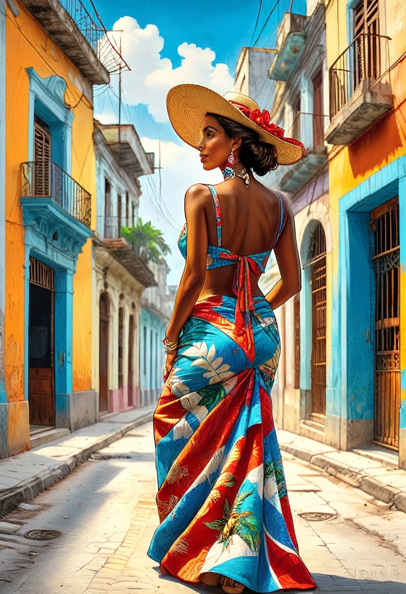 (Tyndall Effect Art of Cuba Art of Havana Cuban art canvas Print of Havana Havana:1.5), by Piotr Jabonski, ((beautiful Cuban woman with her back to the camera:1.5, colorful clothes, heat, happy atmosphere)), seen from behind, rear side, best quality, masterpiece, Representative work, official art, Professional, Ultra intricate detailed, 8K