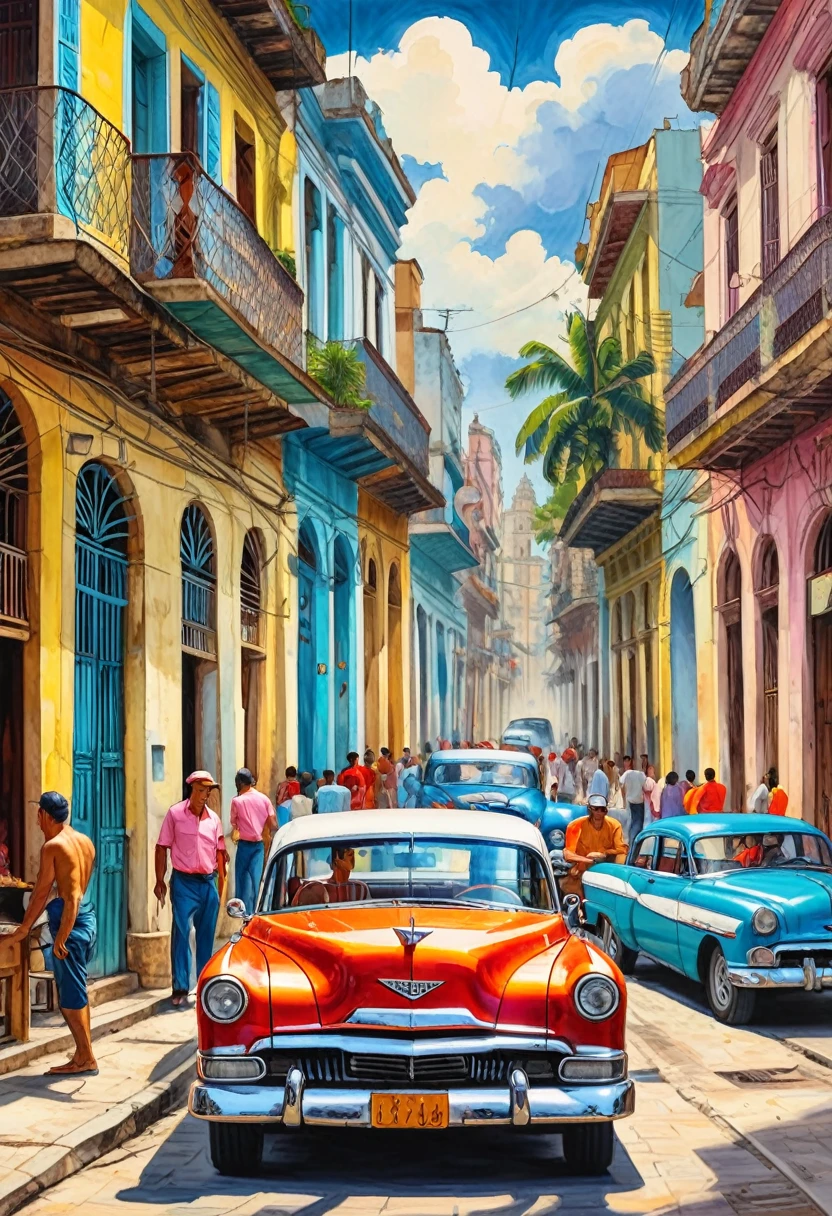 (Tyndall Effect Art of Cuba Art of Havana قماش من الفن الكوبي طباعة هافانا هافانا:1.5), بواسطة بيوتر جابونسكي,((سيارة قديمة جميلة وظهرها للكاميرا:1.5, في الخلفية طاولات وكراسي بار كولومبية مع أشخاص , الدفء, جو سعيد)), ينظر من الخلف, مؤخرة, أفضل جودة, تحفة, العمل التمثيلي, الفن الرسمي, احترافي, مفصلة للغاية ومعقدة, 8 كيلو