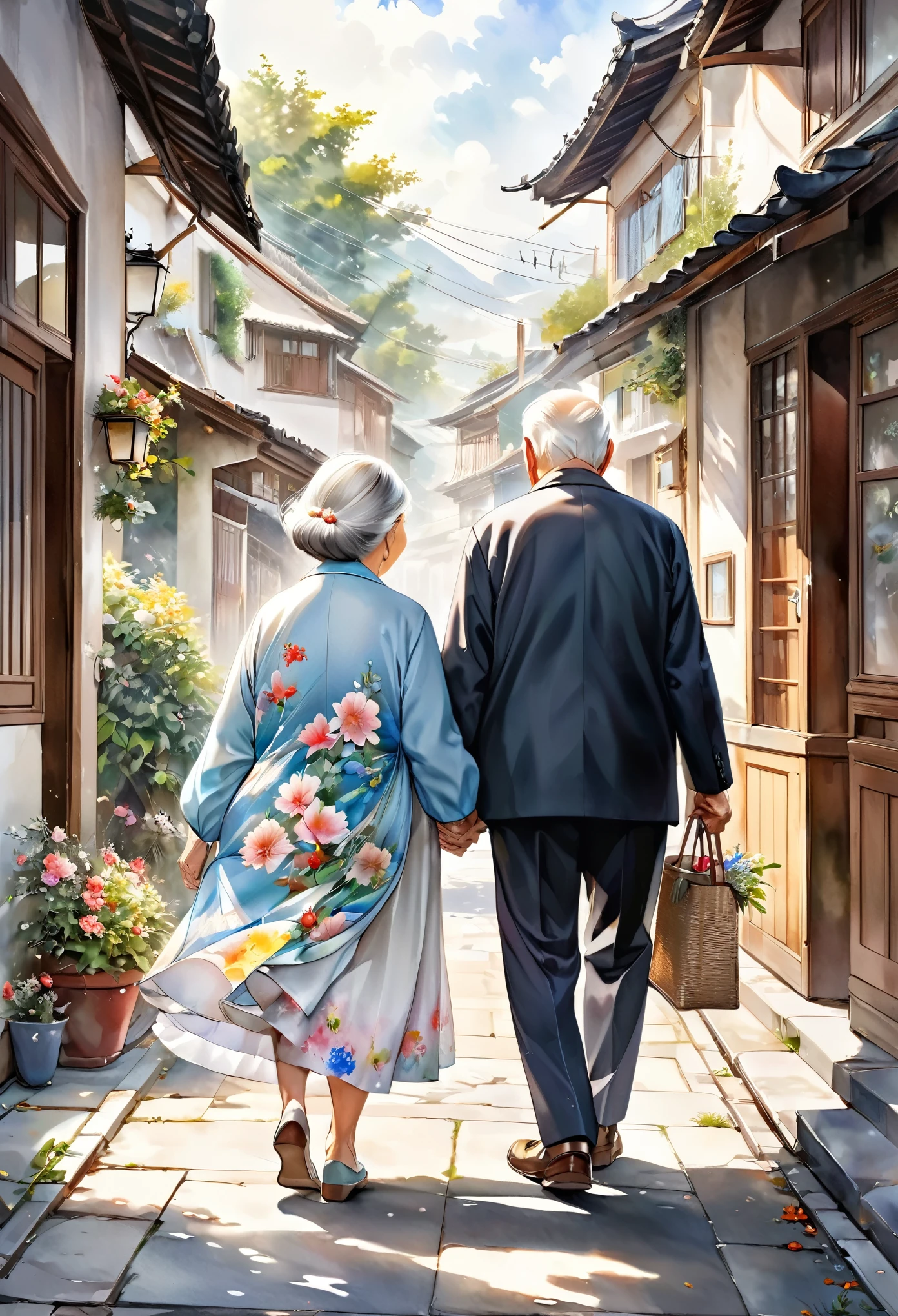 best quality, super fine, 16k, incredibly absurdres, extremely detailed, 2.5D, delicate and dynamic, fusion of watercolors and oil paintings, back view of elderly couple with bent backs, taking walk together