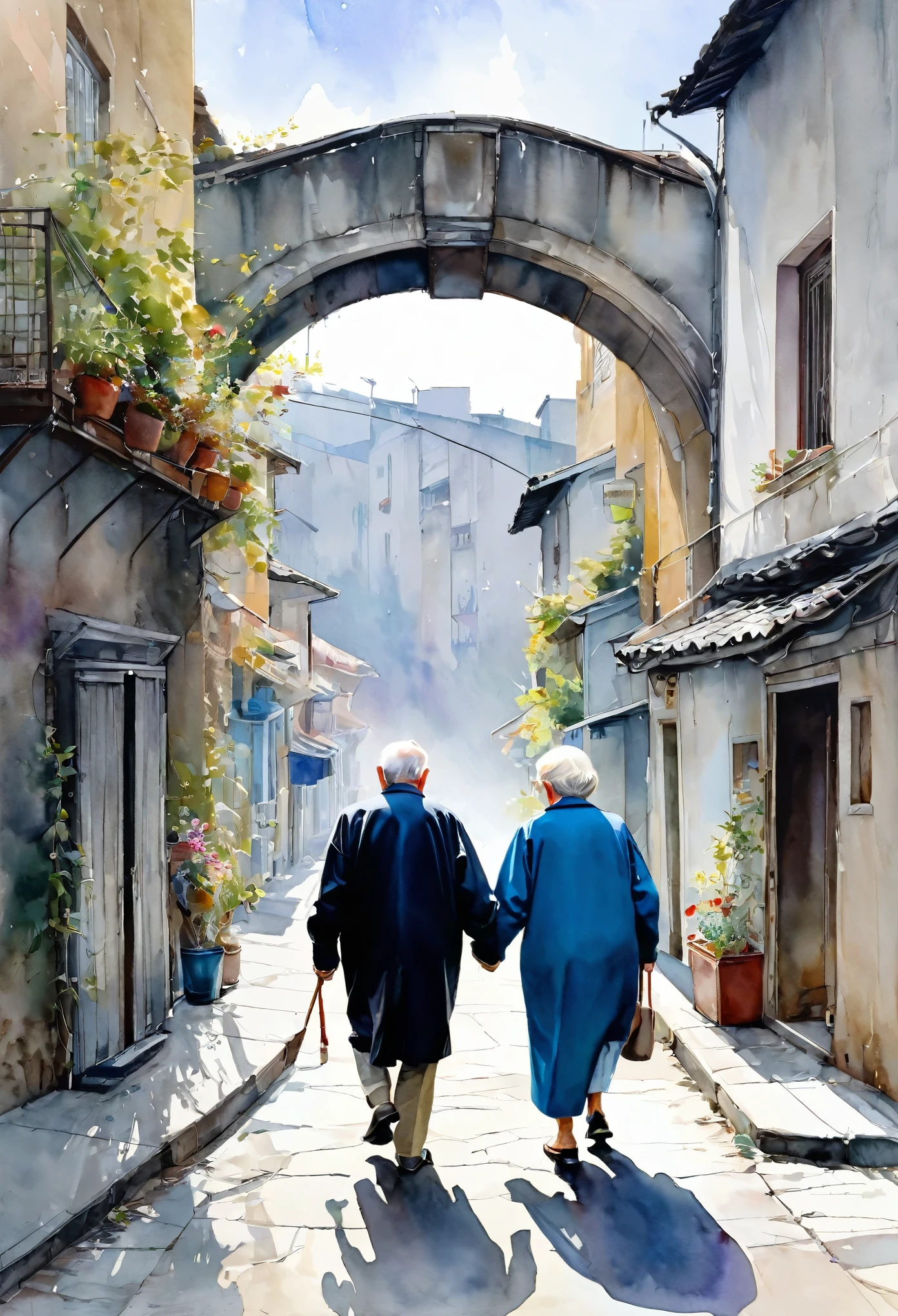 best quality, super fine, 16k, incredibly absurdres, extremely detailed, 2.5D, delicate and dynamic, fusion of watercolors and oil paintings, back view of elderly couple with bent backs, taking walk together