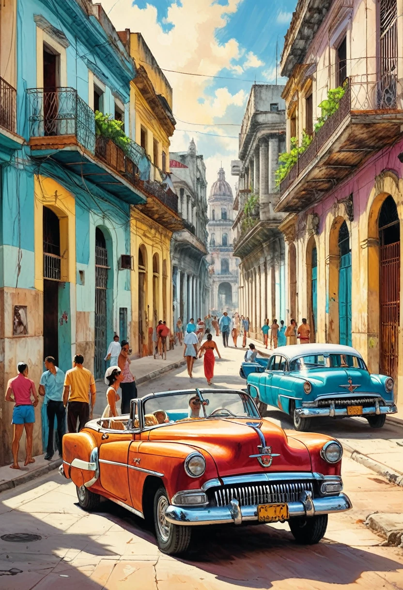 (틴들 효과 쿠바의 예술 하바나의 예술 쿠바의 예술 캔버스 하바나의 인쇄 하바나:1.5), 피오트르 야본스키(Piotr Jabonski),(( 아름다운 빈티지 자동차 후면 모습:1.5, 배경에는 콜롬비아 바 테이블과 사람들이 있는 의자가 있습니다., 따뜻함, 행복한 분위기)), 뒤에서 본, 후면, 최고의 품질, 걸작, 대표작, 공식 아트, 전문적인, 매우 복잡하고 상세한, 8K