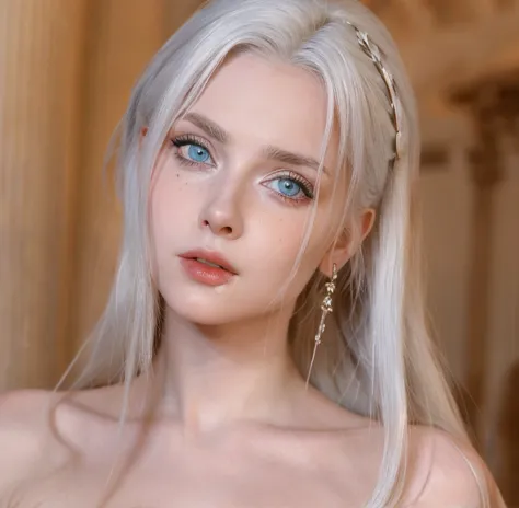 beautiful girl, blue eyes, white hair, detailed facial traits, white ancient female greek dress, ancient greek constructions beh...