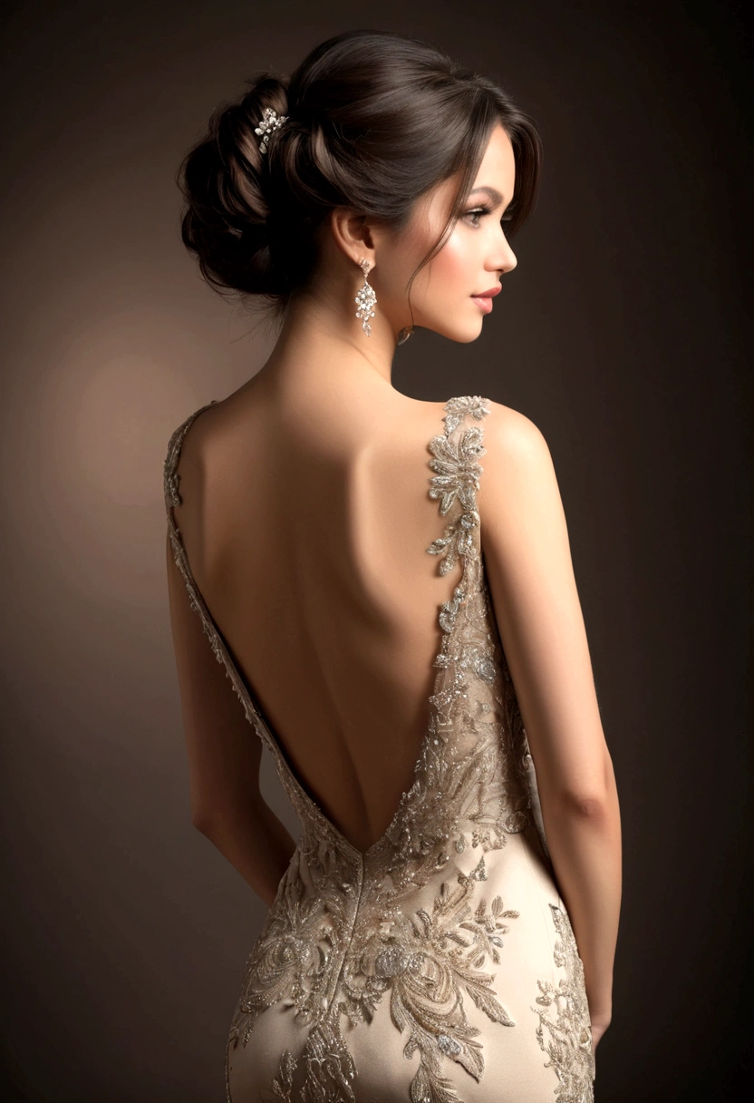 Back view of a beautiful woman wearing a wedding dress with her back visible