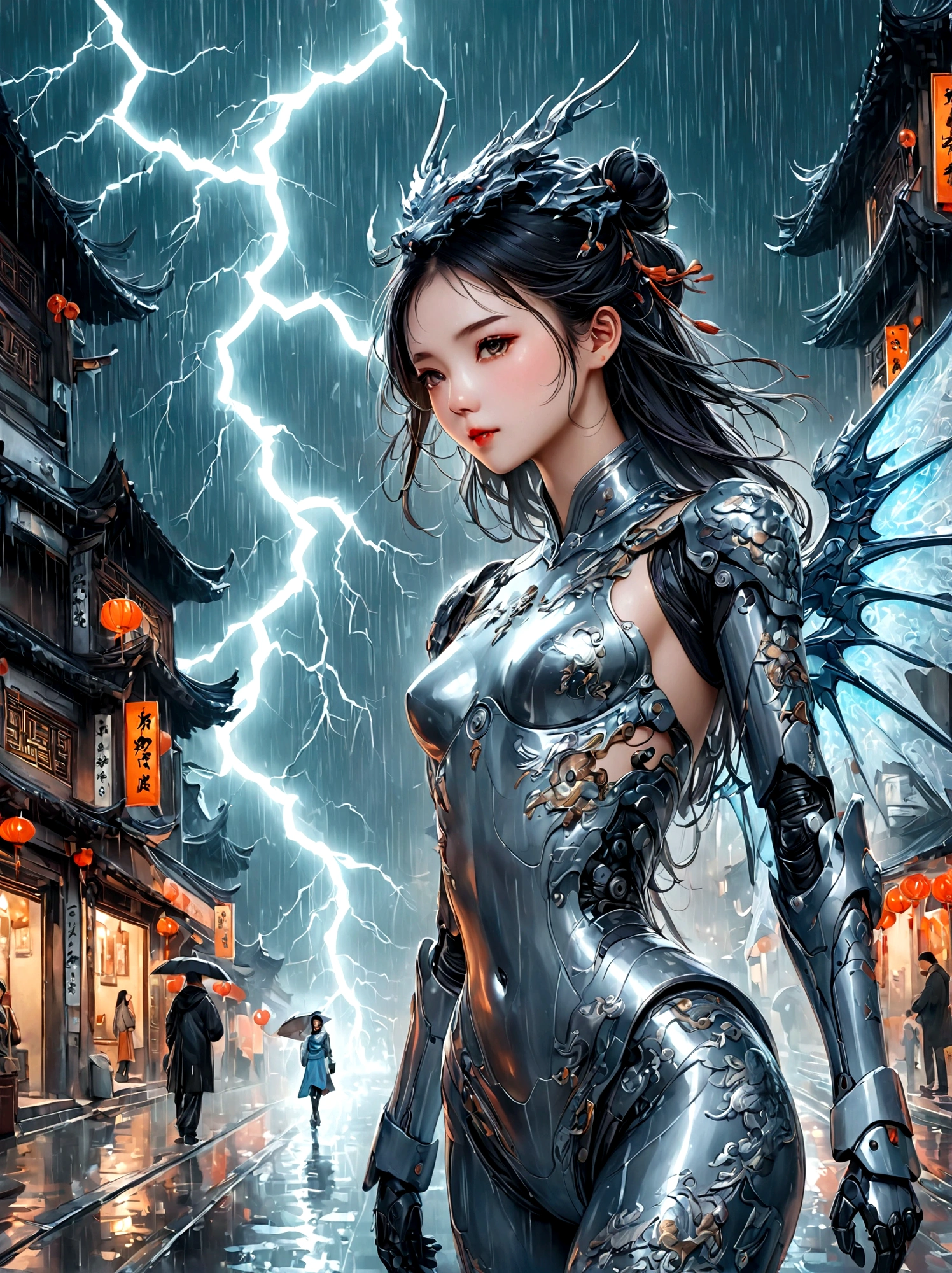 Chinese style master work，(best quality, 4k, high resolution, masterpiece:1.2)，Super detailed，lifelike，shining，Traditional Chinese ink painting, Willow branches, Wu Changshuo, ((masterpiece)), best quality, illustration, 1 girl, Small Breasts, Beautiful and delicate eyes, Beautiful and detailed cyberpunk city, flat chest, Beautiful and fine hair, curls, Beautiful detailed streets, Mecha clothes, Robot girl, cool movement, Silver tights, (Filigree), Dragon Wings, Color Background, A dragon stands behind the girl, rain, (Lightning Effect), Exquisite and detailed silver dragon armor, (Cold Face)，work，Dazzling colors，Stunning visuals，otherworldly appearance，Fascinating artistry，Focus on your audience, First-person perspective, Anatomically correct, precise, 8K