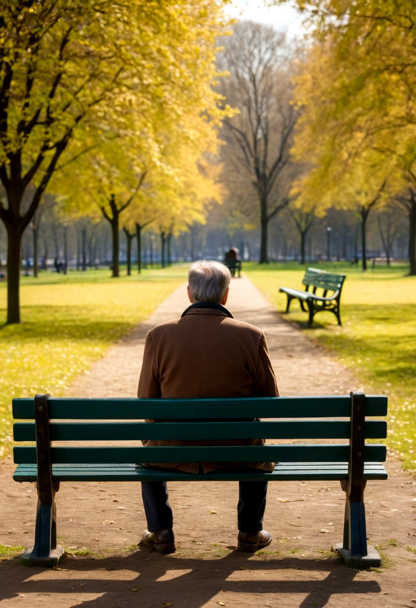 Back view of a sad middle-aged man sitting on a bench in a park during the day