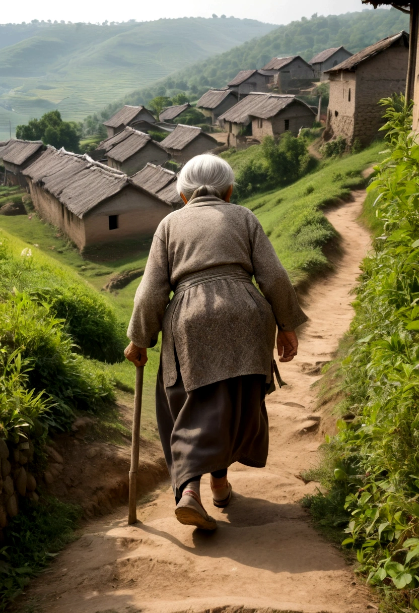 The back view of a bent-over old woman walking up a hill in a village