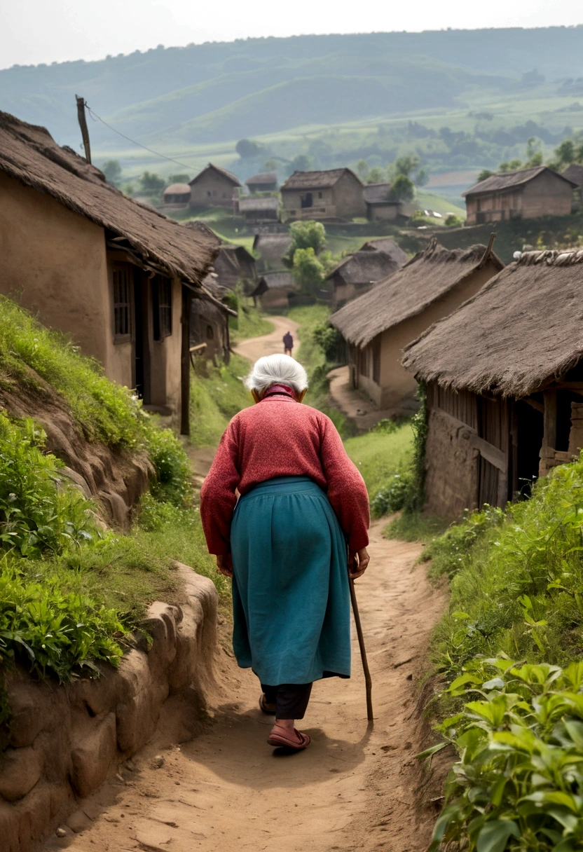 The back view of a bent-over old woman walking up a hill in a village