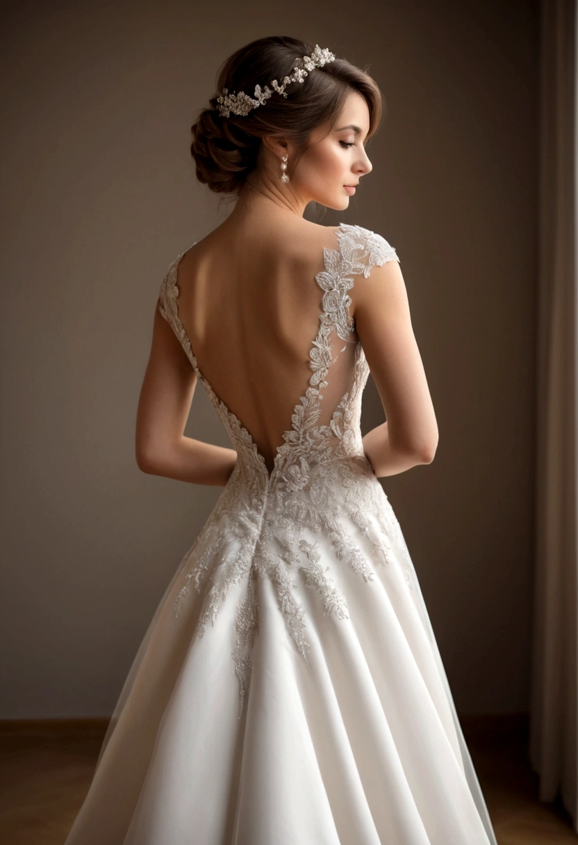 Back view of a beautiful woman wearing a wedding dress with her back visible