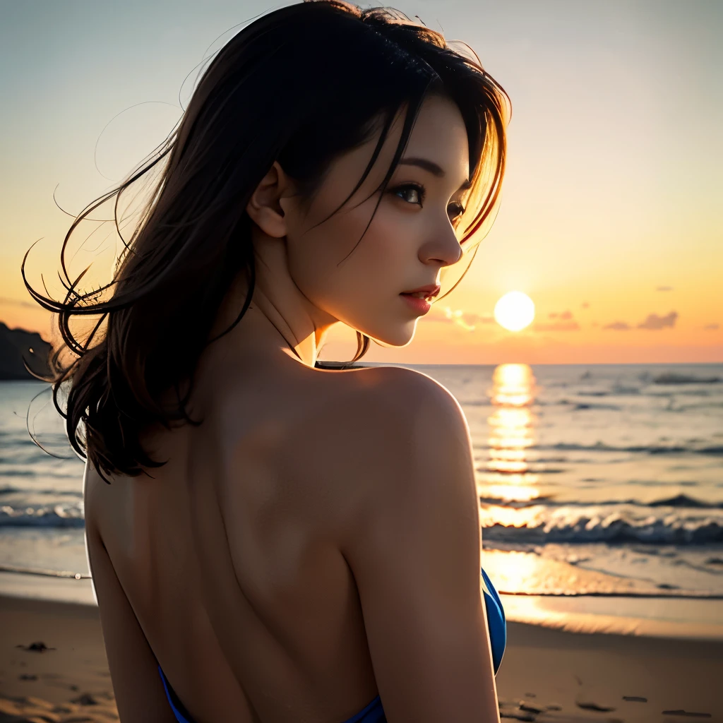 A young and very beautiful woman、Wearing a charming dress with a wide open back、Detailed back view of a woman、Backlight、sunset、Beach、(highest quality、4k、8k、High resolution、masterpiece:1.2)、Super detailed、(Real、Photorealistic、Photorealistic:1.37)、Detailed profile、Highly detailed eyes and face、Long eyelashes、Delicate skin、Graceful pose、Dramatic lighting、Warm colors、Golden Hour、Calm sea、Sandy Beach、Light clouds、Dramatic Sky