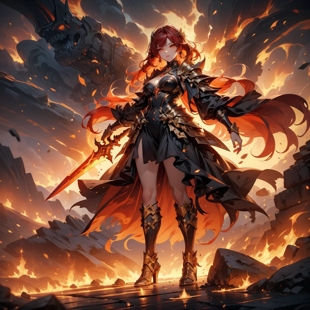 ((full body shot)) of a girl in regal, fire-themed armor with intricate gold and red details, standing in a blazing, volcanic landscape. She has long, flowing fiery red hair and intense, glowing amber eyes. Her skin has a warm, sun-kissed hue, and she is adorned with molten lava-like patterns. She holds a majestic sword engulfed in roaring flames, casting a bright, fiery light. The atmosphere is {intense|majestic}, with lava flows and embers illuminating the scene. The ground beneath her is cracked, molten earth, reflecting the intense light and adding to the fiery ambiance. Surrounding her are jagged rocks and bursts of flame in shades of {red|orange}, casting a fierce, incandescent glow. The background features towering volcanic peaks and a sky filled with ash and smoke, hinting at a powerful, fiery kingdom. The scene is dynamic and awe-inspiring, with her face showing a determined yet regal expression, her eyes focused intently on her blazing domain.

[Best quality], [Masterpiece], [Ultra-detailed], [4k], {intense|majestic} atmosphere, fiery kingdom, {dynamic pose|regal pose}, blazing illumination, {soft shadows|dramatic lighting}, {reflected light on molten earth:0.7}, {jagged rocks:0.6}, {bursts of flame:0.5}, {volcanic peaks:0.4}, {ash-filled sky:0.3}.