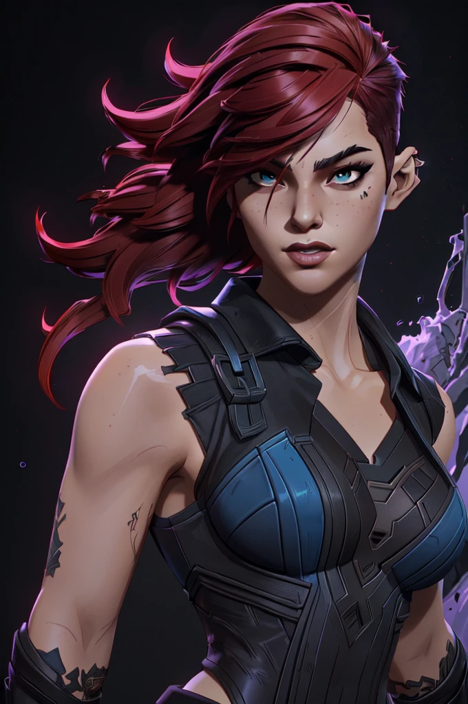 a woman with punk red hair (very short on the sides) and a black shirt is standing in front of ablack background with blue brush splash, lois van baarle and rossdraws, portrait of vi from arcane, artgerm and lois van baarle, rossdraws 2. 0, rossdraws 1. 0, rossdraws 2. 5, artgerm and rossdraws, artgerm comic, black background with blue brush splash, 8K image quality, Masterpiece