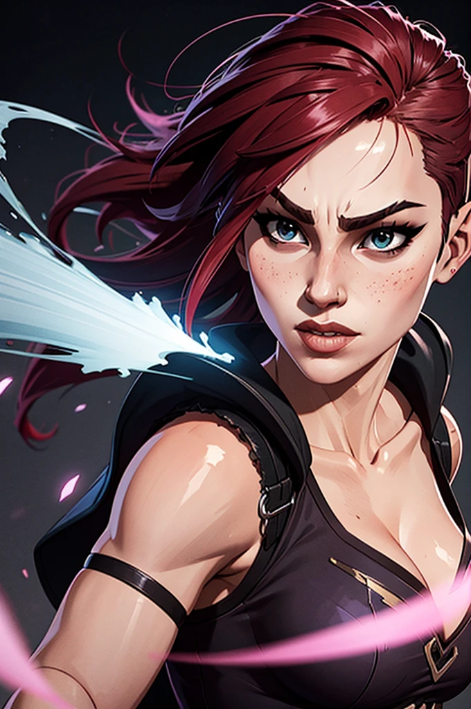 a woman with punk red hair (very short on the sides) and a black shirt is standing in front of ablack background with blue brush splash, lois van baarle and rossdraws, portrait of vi from arcane, artgerm and lois van baarle, rossdraws 2. 0, rossdraws 1. 0, rossdraws 2. 5, artgerm and rossdraws, artgerm comic, black background with blue brush splash, 8K image quality, Masterpiece