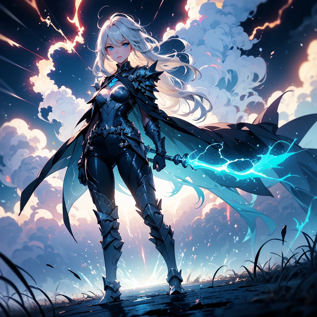 ((full body shot)) of a girl in electrifying, futuristic armor with sleek silver and blue accents, standing in a stormy, electrified sky. She has short, spiky platinum blonde hair and piercing, electric blue eyes. Her skin has a faint, radiant glow, and she is adorned with intricate lightning bolt motifs. She holds a magnificent staff crackling with arcs of lightning, emitting a powerful, electric aura. The atmosphere is {charged|awe-inspiring}, with thunderclouds and bolts of lightning illuminating the scene. The ground beneath her is charged with static electricity, creating a shimmering effect and adding to the electrifying ambiance. Surrounding her are swirling storm clouds and bursts of lightning in shades of {blue|white}, casting a dynamic, electrical glow. The background features towering, swirling storm formations and glimpses of a distant, lightning-lit castle, hinting at a kingdom ruled by thunder and lightning. The scene is intense and majestic, with her face showing a confident yet serene expression, her eyes focused intently on harnessing her power.

[Best quality], [Masterpiece], [Ultra-detailed], [4k], {charged|awe-inspiring} atmosphere, stormy sky, {dynamic pose|commanding pose}, electrified illumination, {soft shadows|dramatic lighting}, {charged ground:0.7}, {swirling storm clouds:0.6}, {bursts of lightning:0.5}, {storm formations:0.4}, {lightning-lit castle:0.3}.