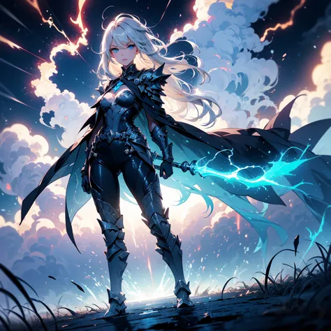 ((full body shot)) of a girl in electrifying, futuristic armor with sleek silver and blue accents, standing in a stormy, electri...