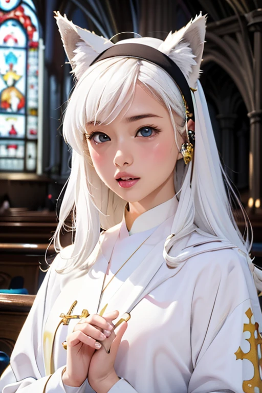 (masterpiece, highest quality), One cute girl、Clergy women、White ceremonial clothing:1.5、Church Sisters、Fox Ears、White Hair、Fox Ears、