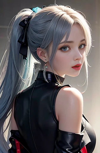 1 girl, Aqua Eye, reTurn, ((big breasTs)), Exposing shoulders, black gloves, blue eyes, ( Ichinose Asuna, Blue Archive), choker, Earrings, fingerless gloves, From behind, gloves, Gray Hair, Holding, JackeT, jewelry, Long Hair, looking aT The viewer, looking reTurn, Manicure, Off the shoulder, parTed lips, Earrings, ponyTail, red JackeT, alone, Upper Body,He did so&#39;T,[[realisTic]],(Shiny skin),(masTerpiece:1.4),(highesT qualiTy:1.4)