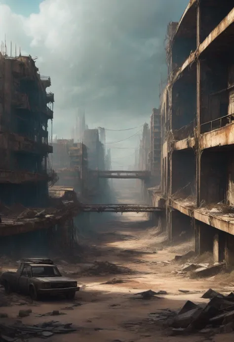 image of a top view of a deteriorated bridge that snakes between two buildings in the center of a post-apocalyptic canyon, atmos...