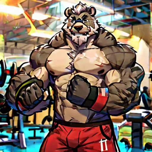 solo, 1boy, huge muscular old grizzly bear wearing glasses , pectoral, huge pectoral, wide pectoral, short white hair, short pan...