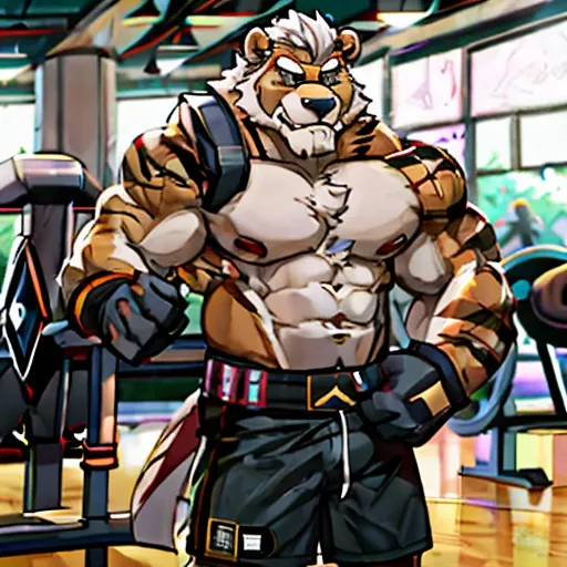 solo, 1boy, huge muscular old grizzly bear wearing glasses , pectoral, huge pectoral, wide pectoral, short white hair, short pan...