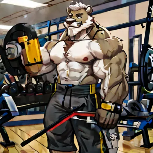 solo, 1boy, huge muscular old grizzly bear wearing glasses , pectoral, huge pectoral, wide pectoral, short white hair, short pan...