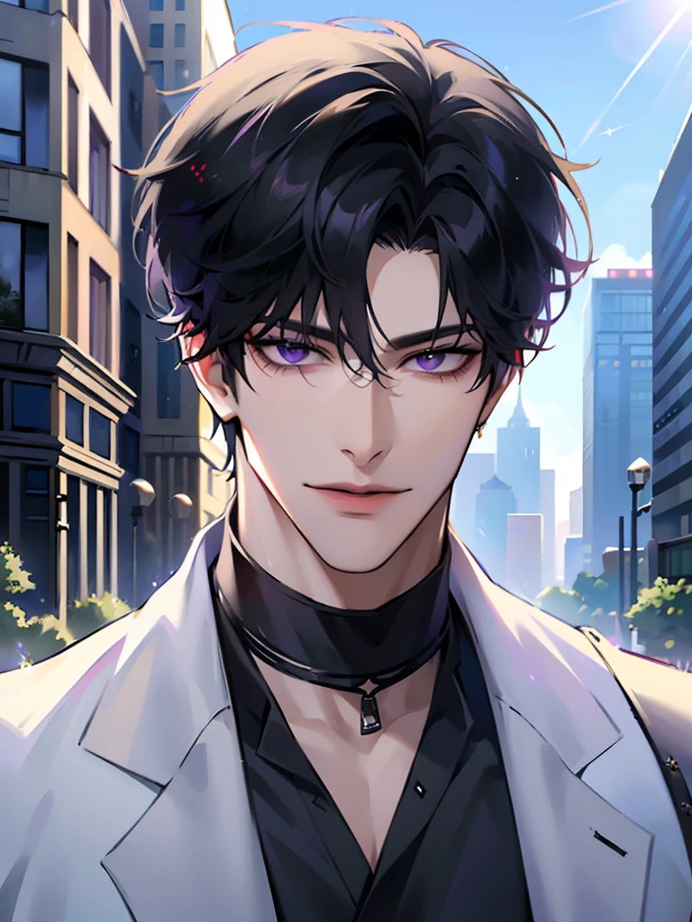 (masterpiece, 4k, high quality:1.3), 1boy, solo, short hair, black hair, asymmetrical fringe, purple eyes, handsome, sharp eyes, (mature male, mature:1.2), male focus, fashionable, tucked in open purple collared shirt, necklace, close up, smile, city, street, sunshine, sunglasses, windy