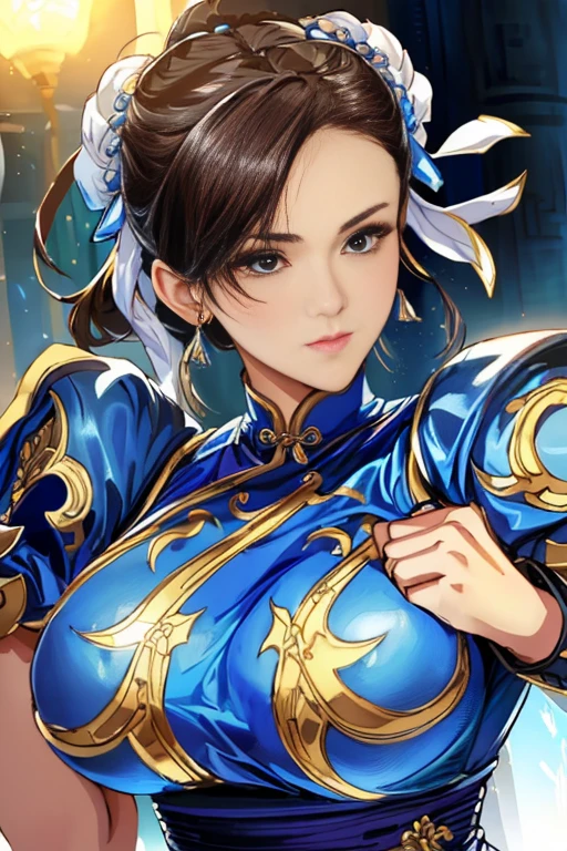 A woman in a blue dress is holding a sword and a sword, portrait of Chunli, portrait of Chunli, Chunli, Chunli, Chunli, Chunli at the gym, Highly detailed art gems, Inspired by Fuhua, Inspired by Ju Lian, Inspired by Li Tang, Inspired by Li Mei-shu, Very detailed fan art, breast grab, nipples visible through clothes, covered erectile nipples,