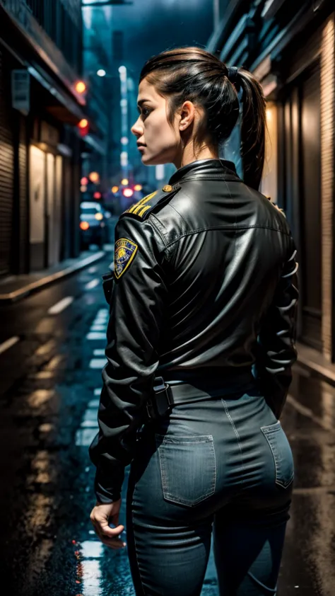 a female police officer holding a gun, back view, concerned about her surroundings, chasing a criminal, hyperrealistic, highly d...
