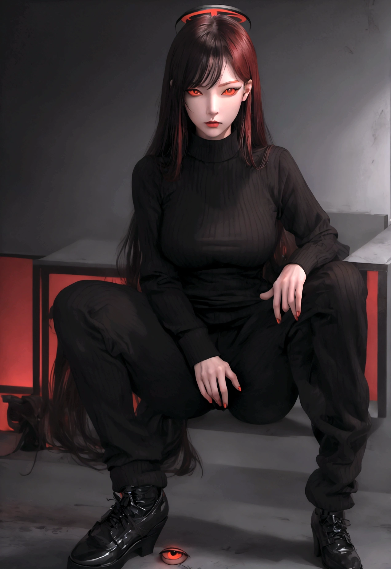 (masterpiece), best quality, expressive eyes, perfect face, solo, breasts, seductive, North Korean, henchwoman, technical expert, South Korean security agent, terrorist, insignia, formal suit, heels, black eyes, smoked eyes, spy, slim waist, cyber terrorist, computer, hacker, nuclear codes, foot, shoes heel, CIA, tsukatsuki rio, (red eyes:1.5), hairclip, hair ornament, rio, black footwear, halo, long hair, buttoned cuffs, ribbed sweater, office lady, turtleneck sweater, white sweater, sweater, bleeding pussy, cum inside