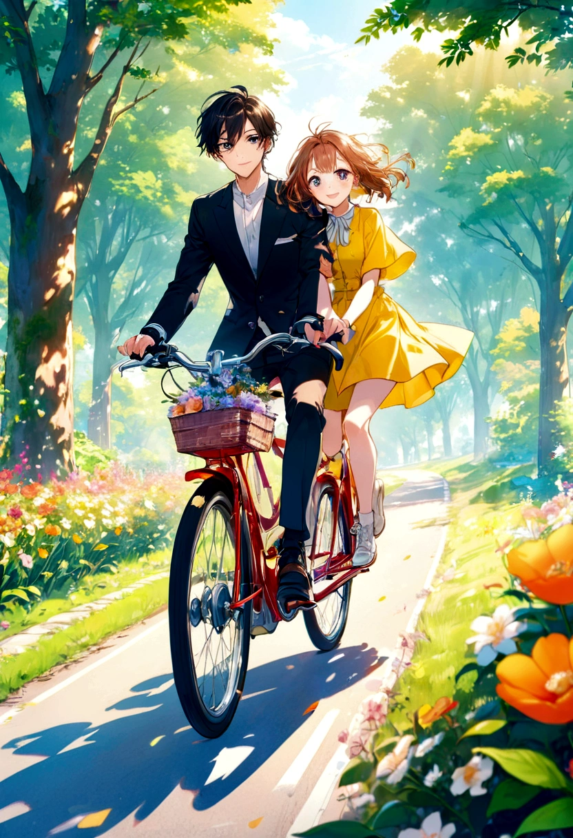 Thin contours、Anime Style、Cool and edgy、 Young couple cycling along a sunlit country road、Blooming Flowers々and surrounded by lush greenery、A happy face shining。bright、Bright colors、Movie angle、High detail、Nostalgic、Fashionable、Pause、colorful、With confidence、Performance、accessories、Coil、Surroundings、stylish、impressive、modern、fashion