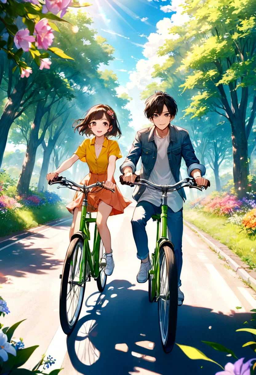 Thin contours、Anime Style、Cool and edgy、 Young couple cycling along a sunlit country road、Blooming Flowers々and surrounded by lush greenery、A happy face shining。bright、Bright colors、Movie angle、High detail、Nostalgic、Fashionable、Pause、colorful、With confidence、Performance、accessories、Coil、Surroundings、stylish、impressive、modern、fashion