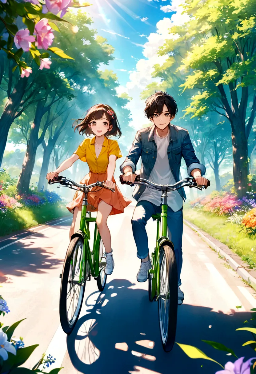 thin contours、anime style、cool and edgy、 young couple cycling along a sunlit country road、blooming flowers々and surrounded by lus...