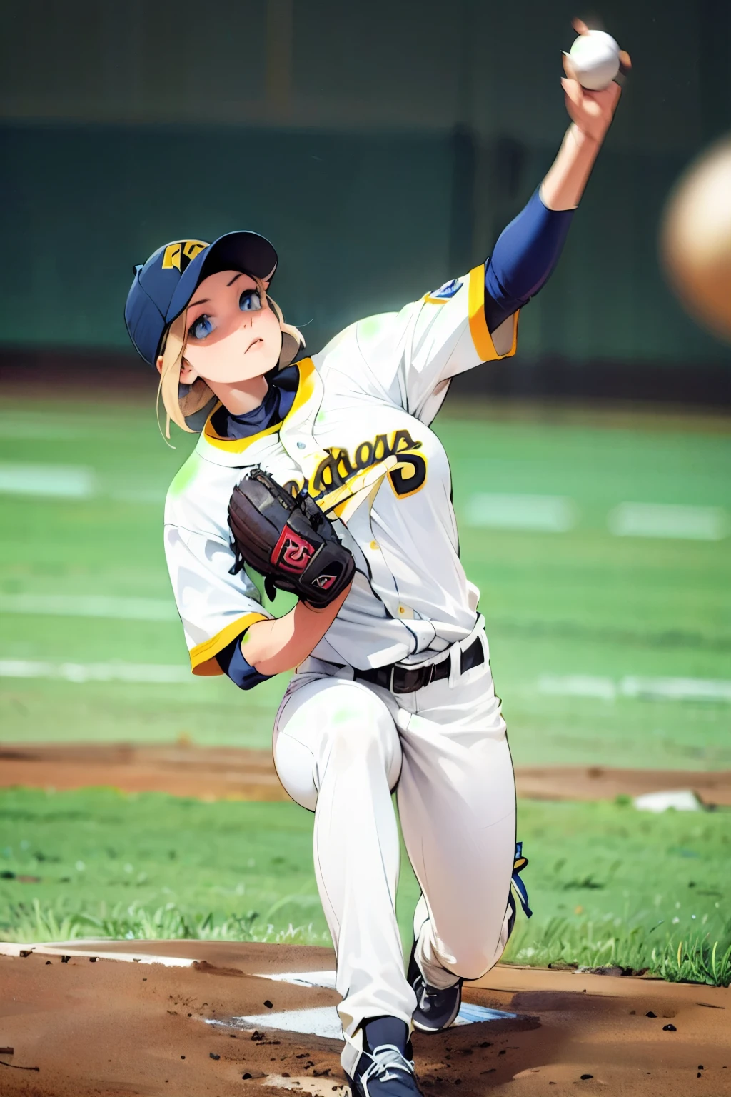 女子棒球投手, 大乳房, 高腿投球姿势, 杰作, 蓝眼睛, 细致的脸部